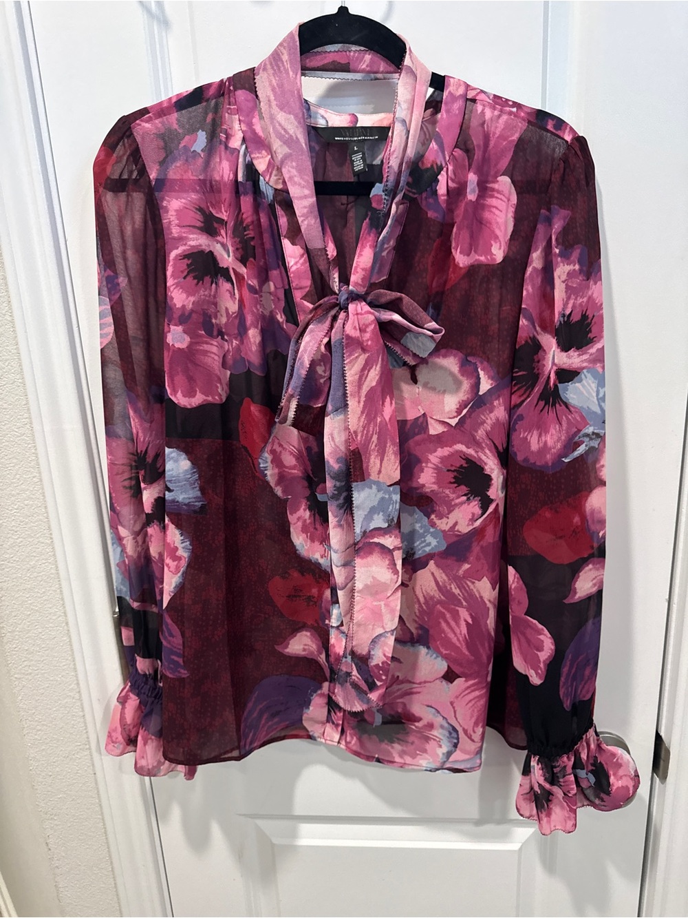 White House Black Market Pink Floral Tie-Neck Blouse
